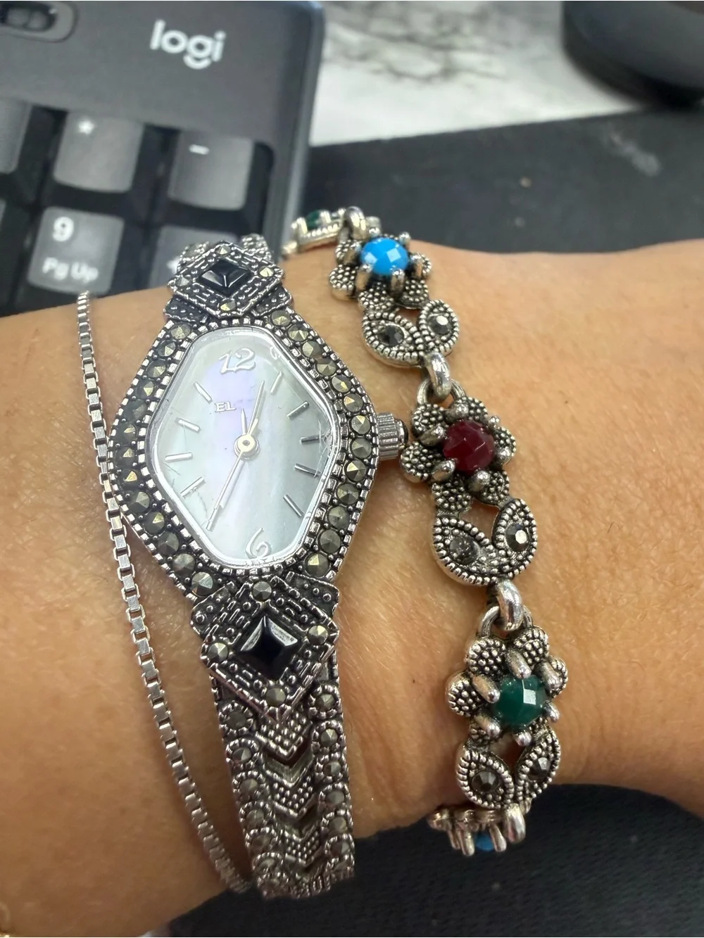 Vintage Elgin Ladies Marcasite Onyx Watch Mother of Pearl Dial Art Deco Style